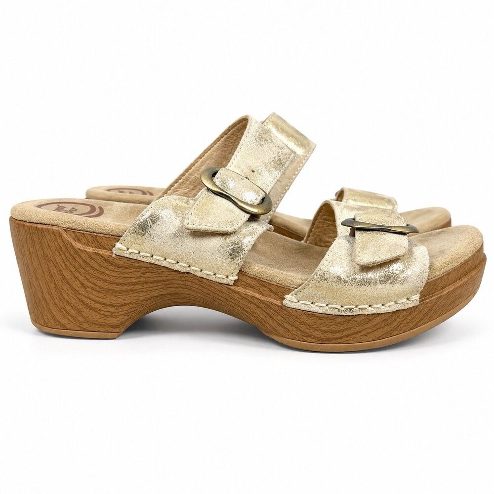 Dansko Sophie Womens 39 US 8.5 9 Gold Metallic Leather Buckle Platform Sandals